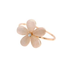 Wholesale flower cat eye ring in rose gold plated zinc alloy featuring five teardrop cat eye stone petals and a central clear crystal from JuneJewelry.com.