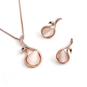 Wholesale swan opal jewelry set in rose gold plated zinc alloy with cat eye stone pendant and earrings from JuneJewelry.com.