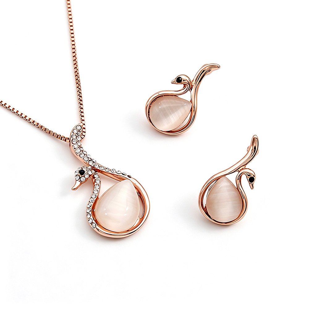 K000460A-001.74.A Wholesale swan opal jewelry set in rose gold plated zinc alloy with cat eye stone pendant and earrings from JuneJewelry.com.