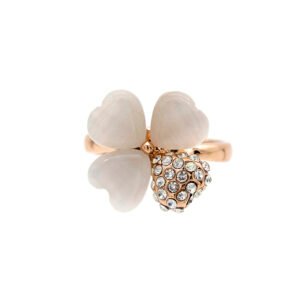 Wholesale clover cat eye ring in rose gold plated zinc alloy featuring three heart cat eye stones and one pave crystal heart from JuneJewelry.com.