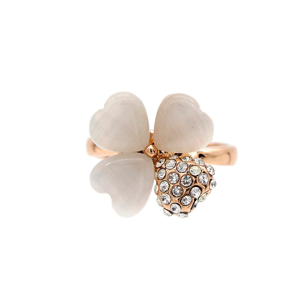 Wholesale clover cat eye ring in rose gold plated zinc alloy featuring three heart cat eye stones and one pave crystal heart from JuneJewelry.com.