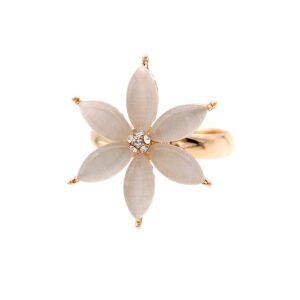 Wholesale snowflake cat eye ring in rose gold plated zinc alloy featuring six marquise cat eye stones and central clear crystals from JuneJewelry.com.