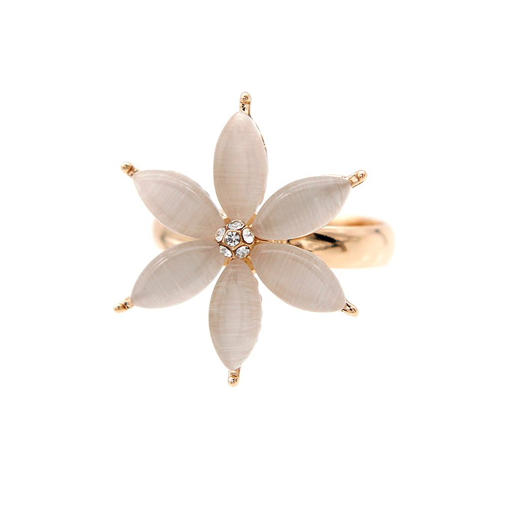 Wholesale snowflake cat eye ring in rose gold plated zinc alloy featuring six marquise cat eye stones and central clear crystals from JuneJewelry.com.
