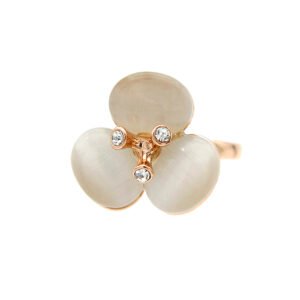 Wholesale petal cat eye ring in rose gold plated zinc alloy featuring three oval cat eye stones and a central crystal cluster from JuneJewelry.com.