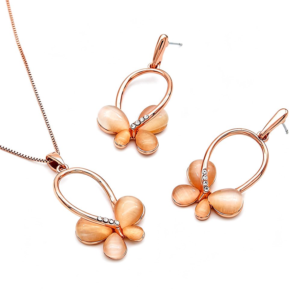 K001038A-001.86.A Wholesale butterfly opal jewelry set featuring rose gold plated zinc alloy hoop frame and cat eye stone pendant with matching drop earrings from JuneJewelry.com.