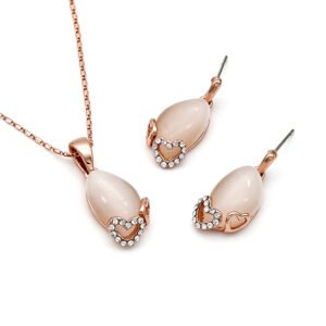 Wholesale heart opal jewelry set with rose gold plated zinc alloy and cat eye stone pendant necklace with drop earrings from JuneJewelry.com.