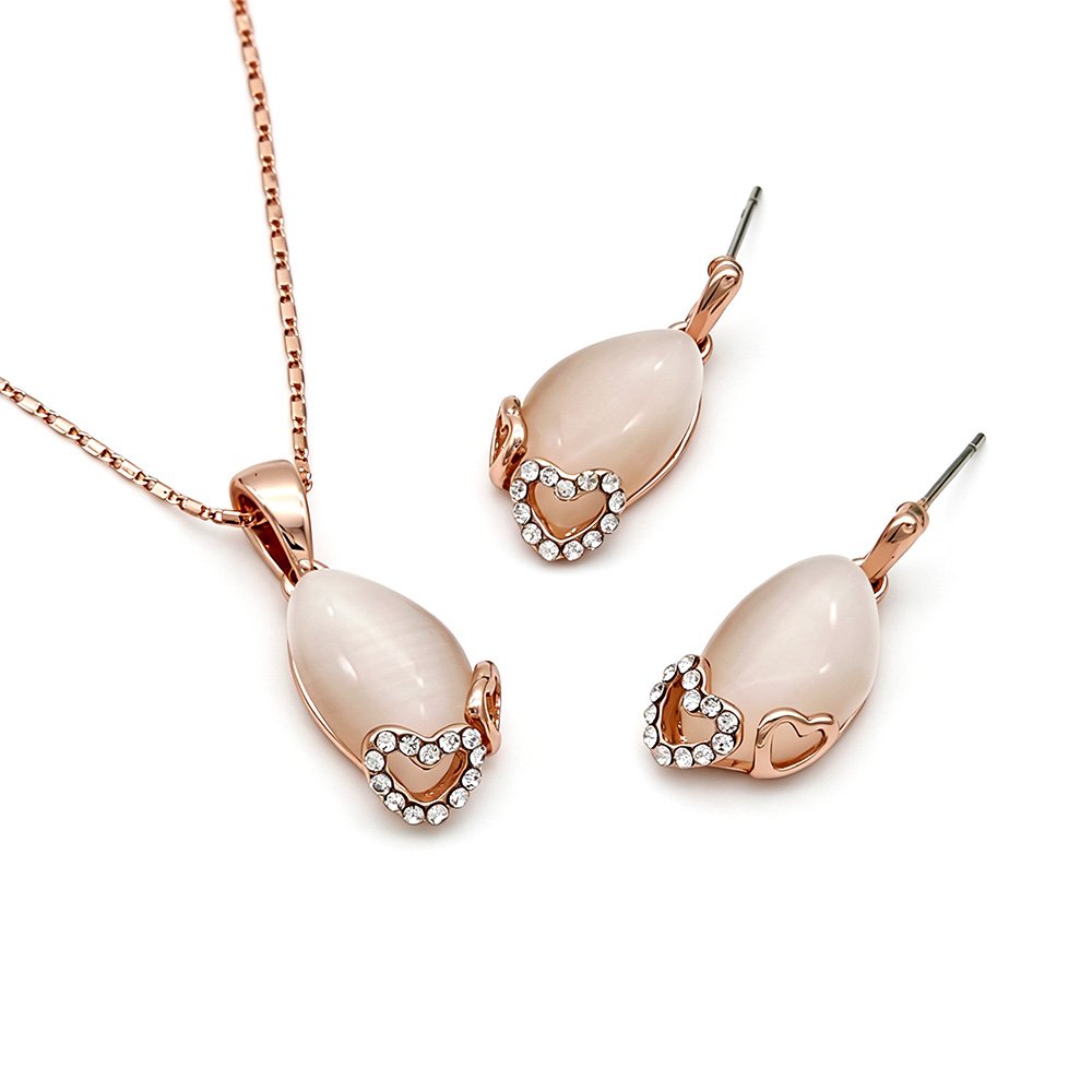 K100450A-001.72.A Wholesale heart opal jewelry set with rose gold plated zinc alloy and cat eye stone pendant necklace with drop earrings from JuneJewelry.com.