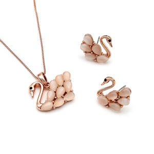 Wholesale graceful swan jewelry set featuring rose gold plated zinc alloy multi-feather cat eye stone necklace and earrings from JuneJewelry.com.