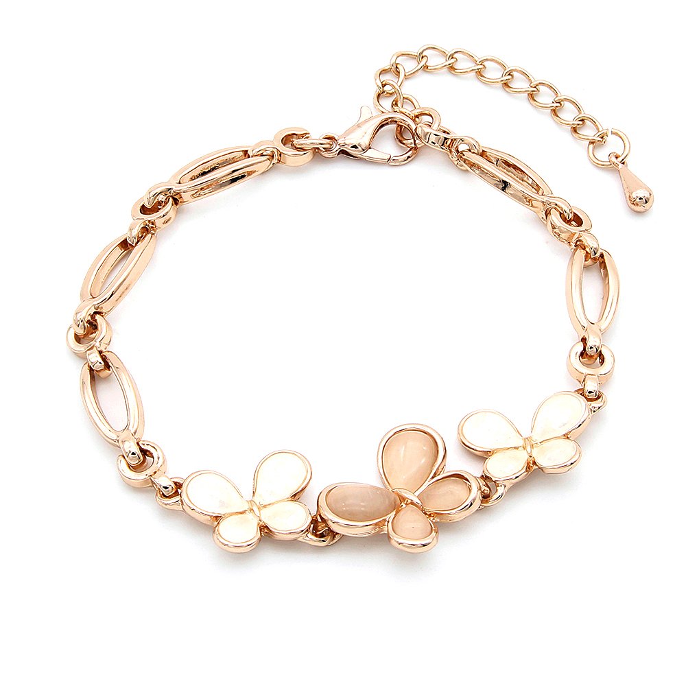 K100565H-001.68.A Wholesale shell butterfly bracelet in rose gold plated zinc alloy featuring natural shell butterfly charms from JuneJewelry.com.