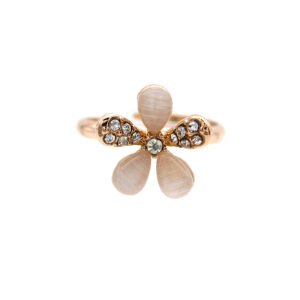 Wholesale floral accent ring in rose gold plated zinc alloy featuring three teardrop cat eye stones and two pave crystal petals from JuneJewelry.com.