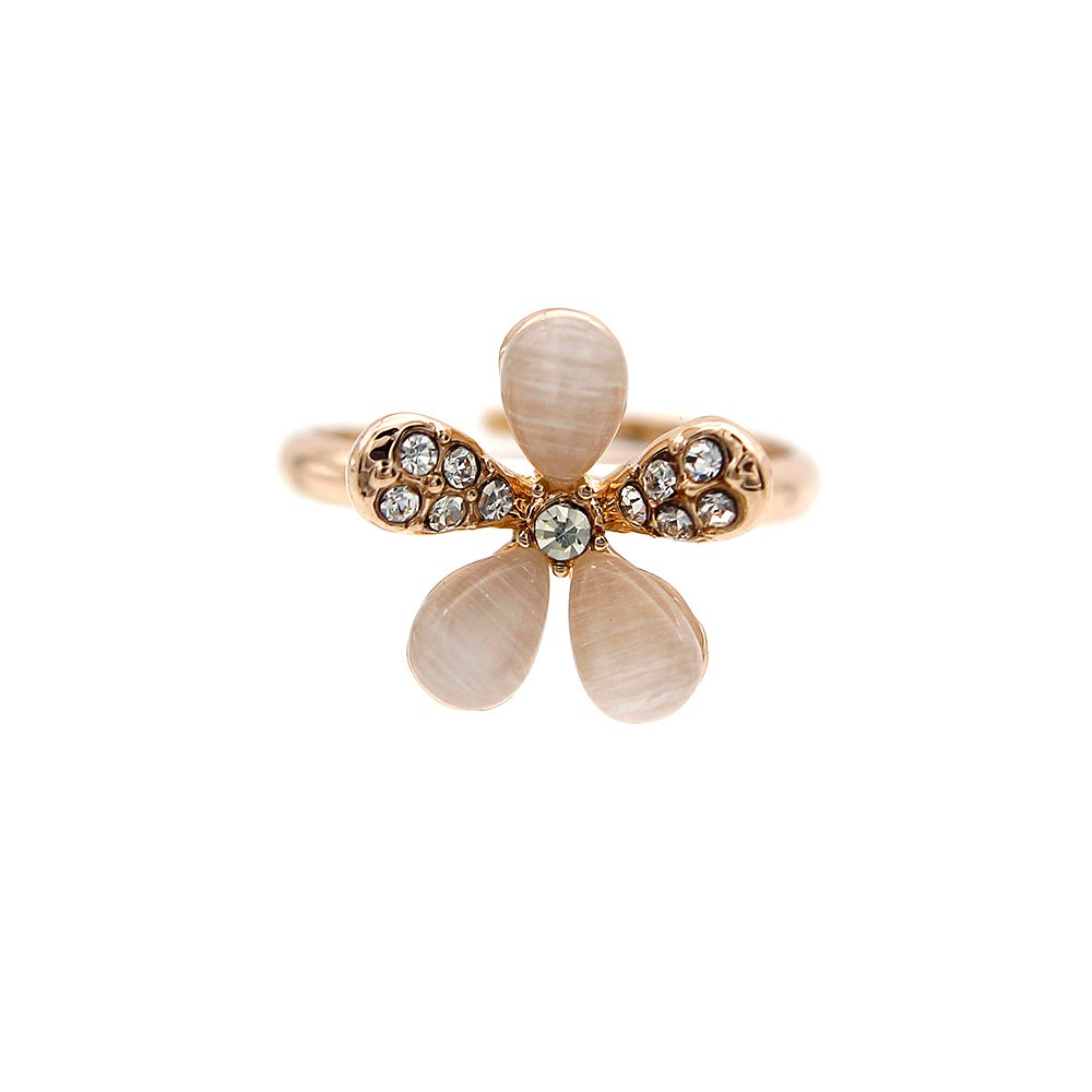 Wholesale floral accent ring in rose gold plated zinc alloy featuring three teardrop cat eye stones and two pave crystal petals from JuneJewelry.com.