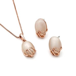 Wholesale tulip opal jewelry set with rose gold plated zinc alloy cage and oval cat eye stone necklace with stud earrings from JuneJewelry.com.
