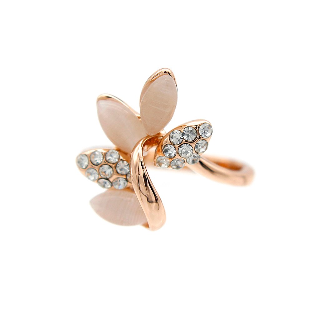 Wholesale leaf cat eye ring in rose gold plated zinc alloy featuring three marquise cat eye stones and two crystal pave leaves from JuneJewelry.com.
