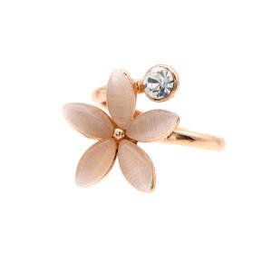 Wholesale bloom cat eye ring in rose gold plated zinc alloy featuring five marquise cat eye stone petals and a floating crystal from JuneJewelry.com.