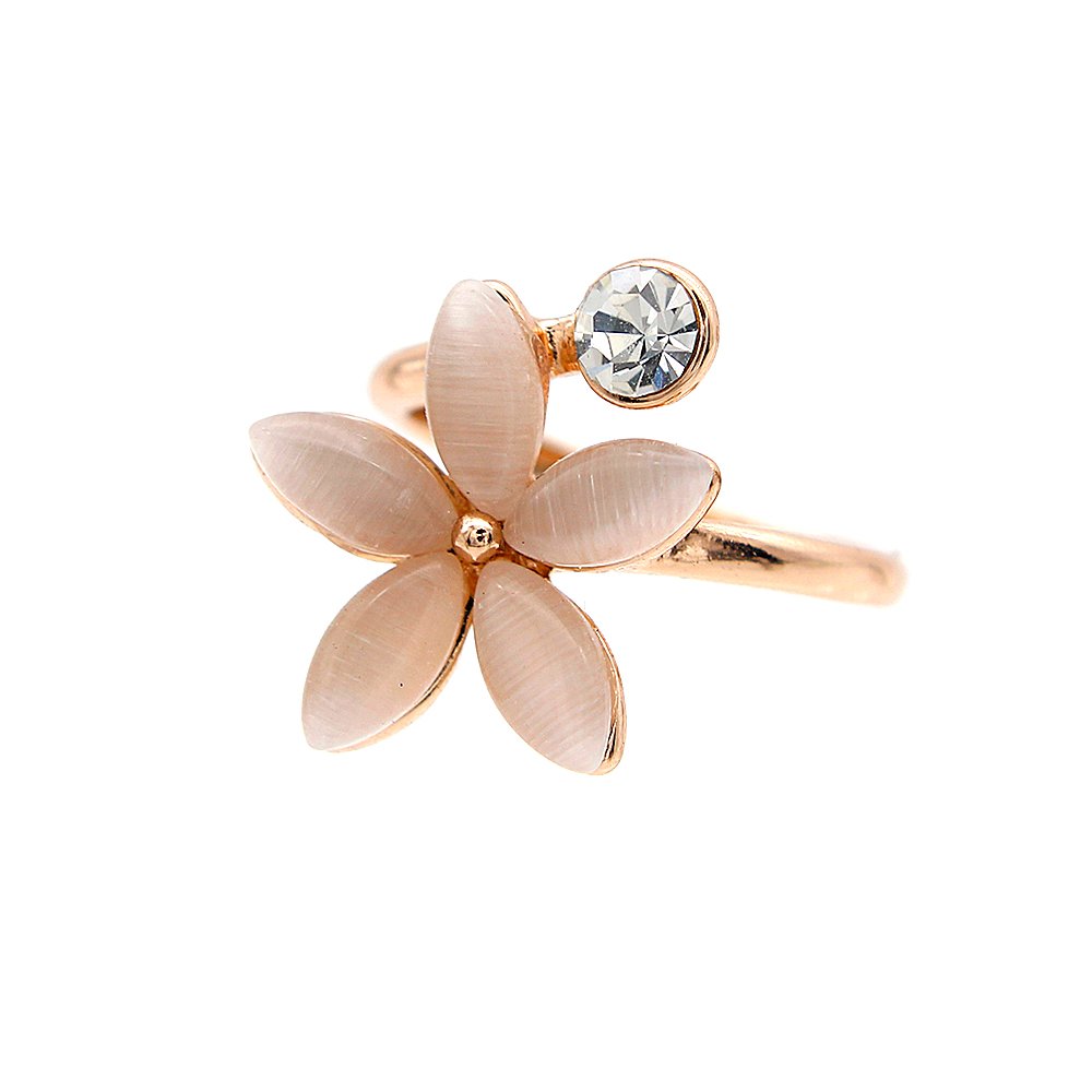 Wholesale bloom cat eye ring in rose gold plated zinc alloy featuring five marquise cat eye stone petals and a floating crystal from JuneJewelry.com.