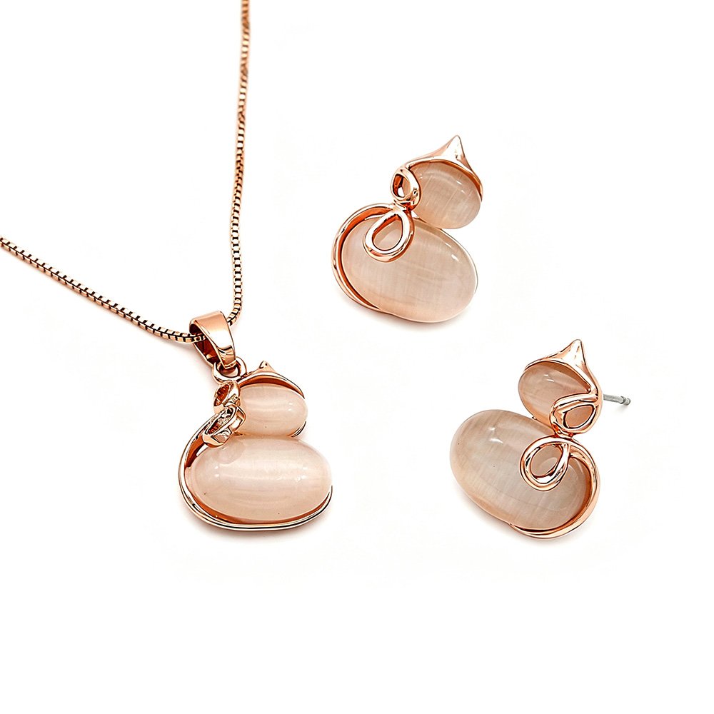 K101590A-001.76.A Wholesale gourd opal jewelry set featuring rose gold plated zinc alloy and cat eye stone pendant necklace with stud earrings from JuneJewelry.com.