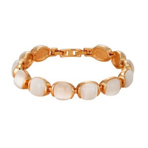 Wholesale oval cat eye bracelet in rose gold plated zinc alloy featuring smooth cabochon cat eye stones and fold-over clasp from JuneJewelry.com.