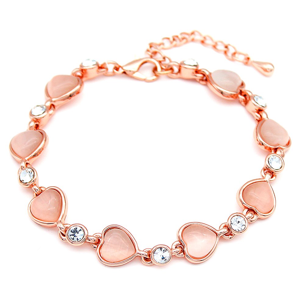Wholesale heart cat eye bracelet in rose gold plated zinc alloy featuring heart cat eye stones and artificial crystal accents from JuneJewelry.com.