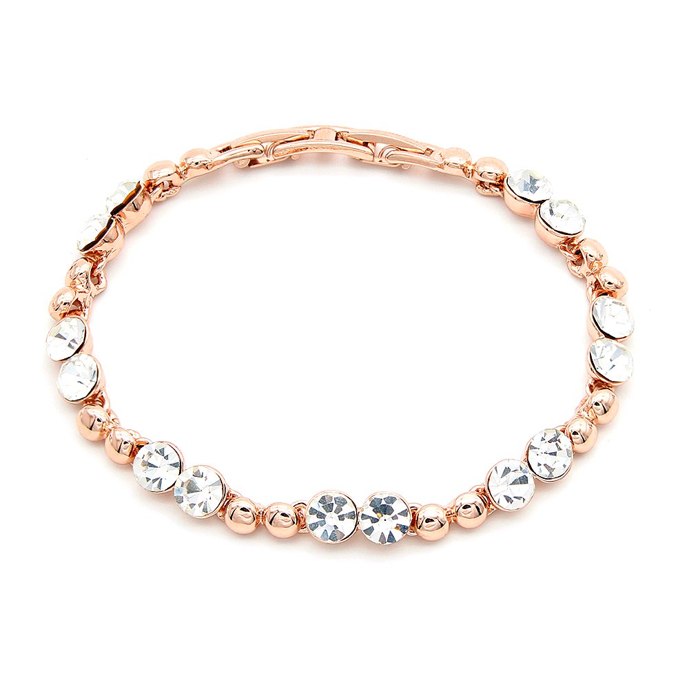 Wholesale crystal tennis bracelet in rose gold plated zinc alloy featuring round artificial crystal stones and metallic beads from JuneJewelry.com.