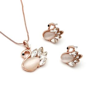 Wholesale crystal swan jewelry set featuring rose gold plated zinc alloy and cat eye stone with marquise crystals from JuneJewelry.com.
