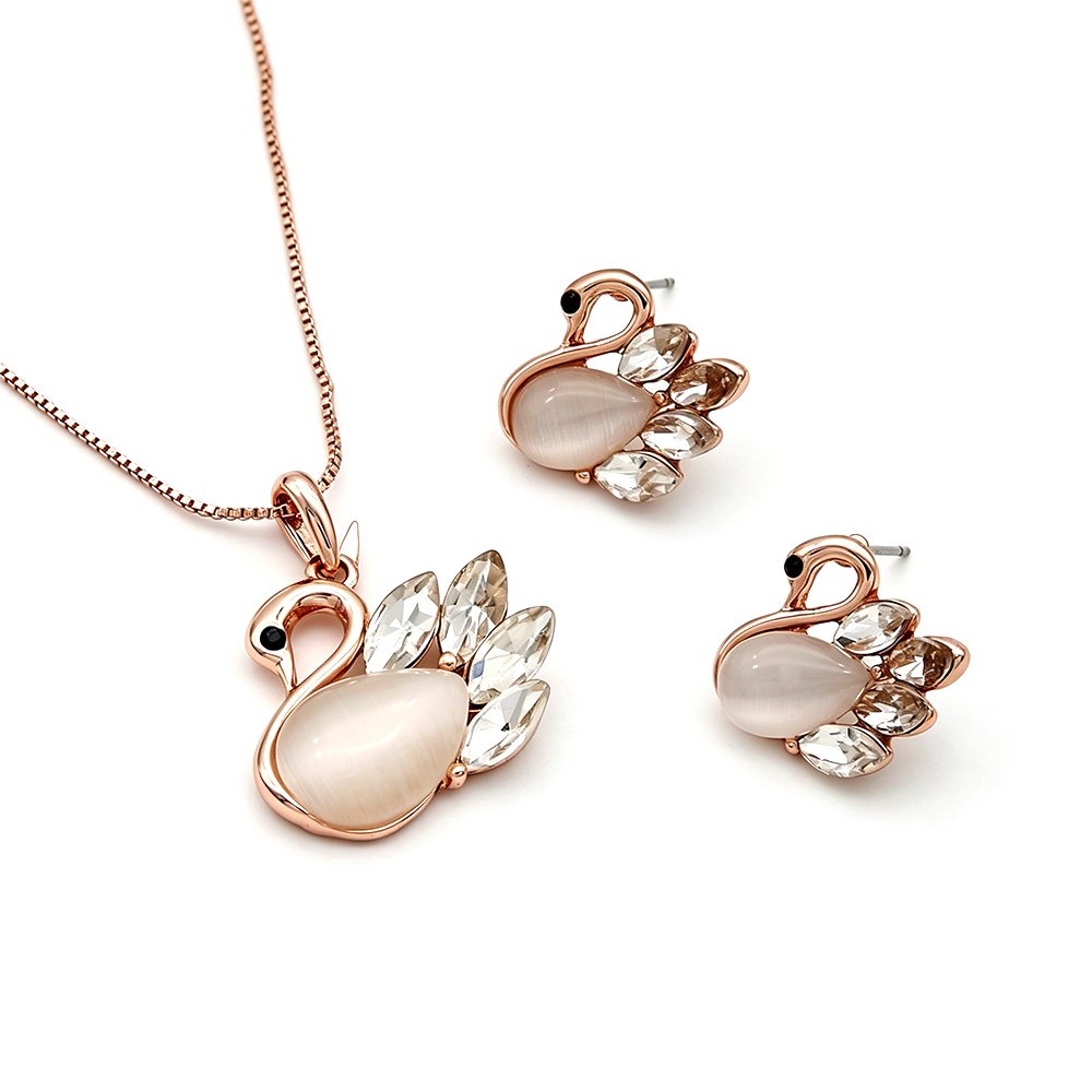 K103176A-001.86.A Wholesale crystal swan jewelry set featuring rose gold plated zinc alloy and cat eye stone with marquise crystals from JuneJewelry.com.