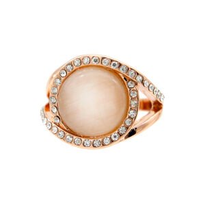 Wholesale halo cat eye ring in rose gold plated zinc alloy featuring round cabochon cat eye stone wrapped in crystal halo from JuneJewelry.com.