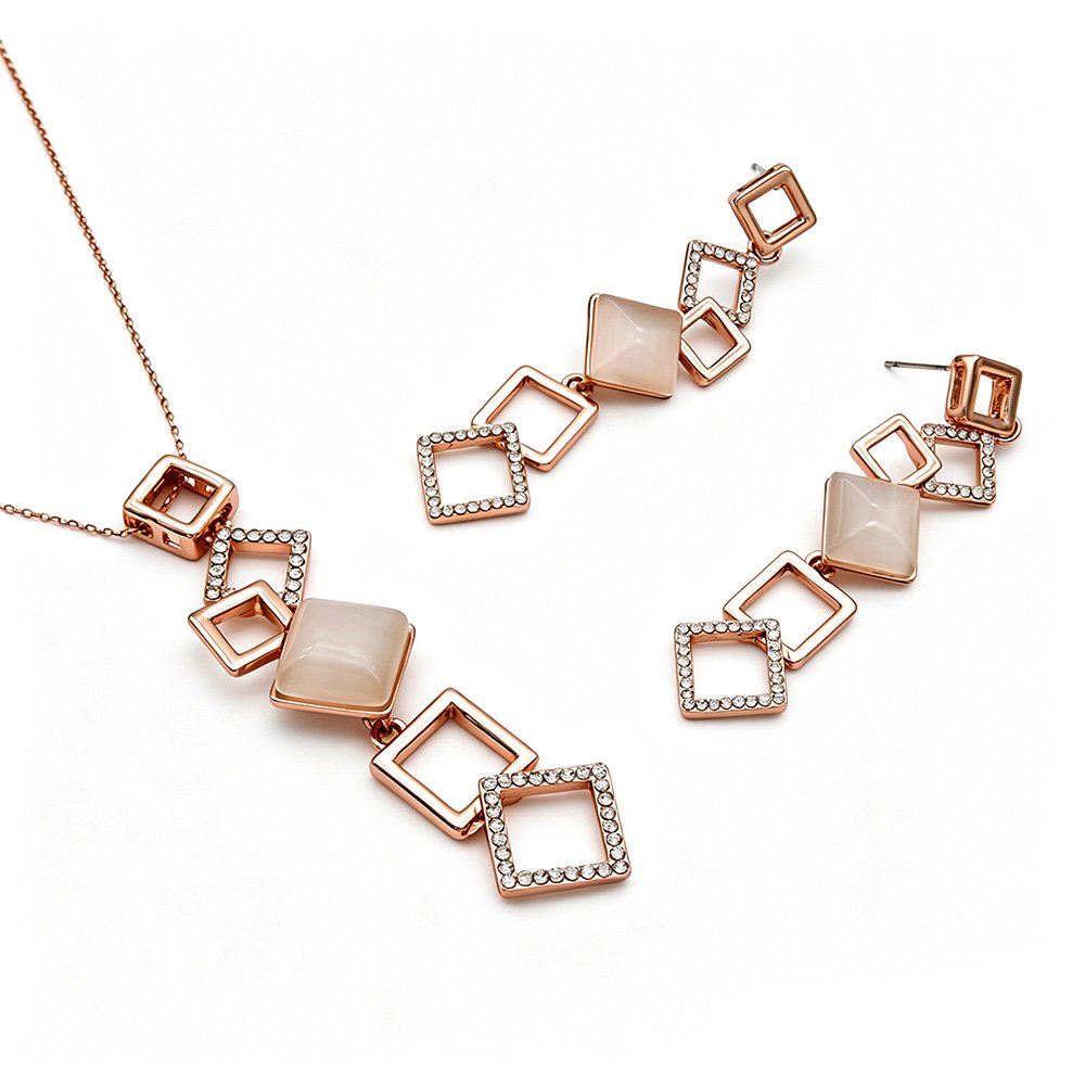 K103662A-001.98.A Wholesale opal jewelry set featuring rose gold plated zinc alloy and square cat eye stones from JuneJewelry.com for fashion retailers.