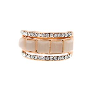 Wholesale wide band ring in rose gold plated zinc alloy featuring five square cat eye stones and twin pave crystal borders from JuneJewelry.com.