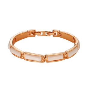 Wholesale bar cat eye bracelet in rose gold plated zinc alloy featuring rectangular cat eye stones and fold-over clasp from JuneJewelry.com.