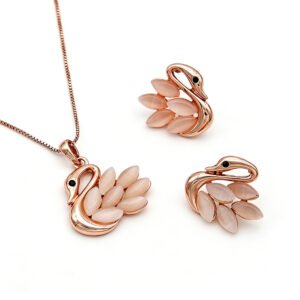 Wholesale leaf swan jewelry set featuring rose gold plated zinc alloy and marquise cat eye stones from JuneJewelry.com for boutique orders.