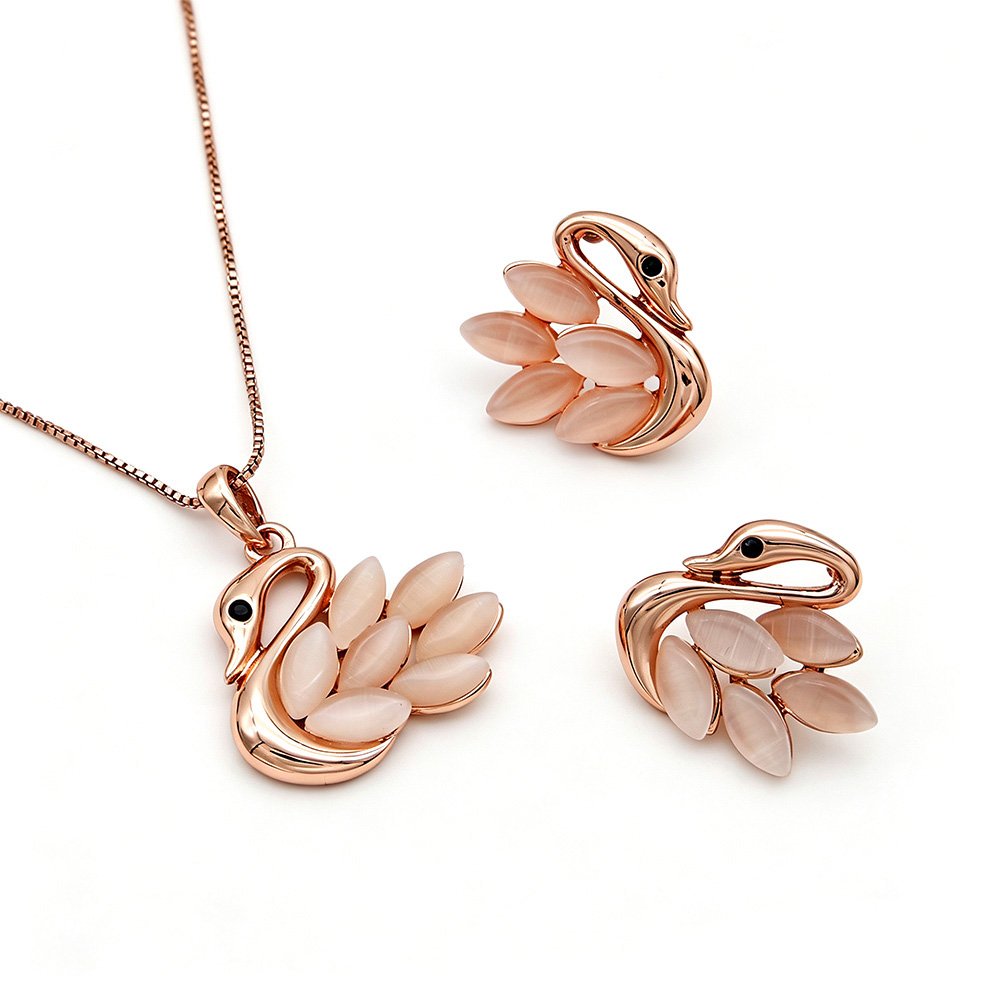 K200041A-001.88.A Wholesale leaf swan jewelry set featuring rose gold plated zinc alloy and marquise cat eye stones from JuneJewelry.com for boutique orders.