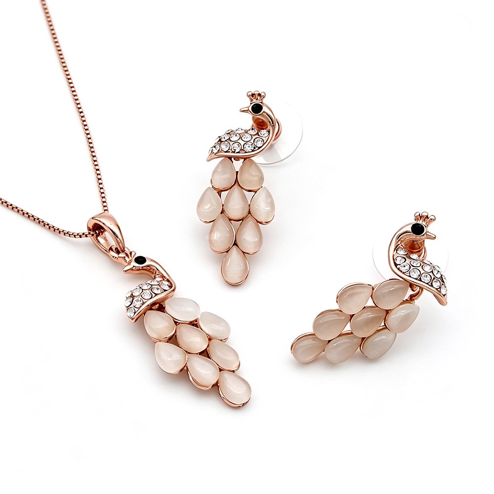 Wholesale fancy peacock jewelry set in rose gold plated zinc alloy featuring cascading teardrop cat eye stone feathers pendant necklace and earrings from JuneJewelry.com.