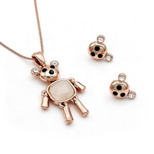 Wholesale panda bear jewelry set featuring rose gold plated zinc alloy articulated bear pendant necklace and stud earrings with cat eye stone from JuneJewelry.com.