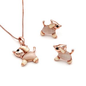 Wholesale puppy dog jewelry set featuring rose gold plated zinc alloy puppy pendant necklace and matching stud earrings with cat eye stone from JuneJewelry.com.