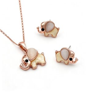 Wholesale cute elephant jewelry set featuring rose gold plated zinc alloy trunk-up elephant pendant necklace and matching stud earrings with teardrop cat eye stone from JuneJewelry.com.