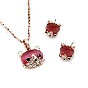 Wholesale blue fox jewelry set in rose gold plated zinc alloy with ocean blue cat eye stone and pave crystal face pendant necklace and stud earrings from JuneJewelry.com.