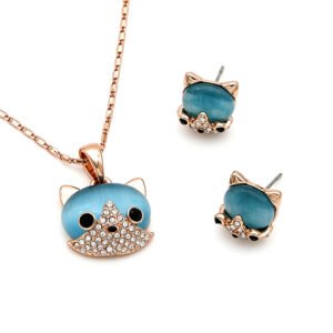 Wholesale blue fox jewelry set in rose gold plated zinc alloy with ocean blue cat eye stone and pave crystal face pendant necklace and stud earrings from JuneJewelry.com.