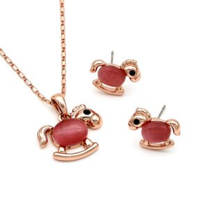 Wholesale rocking horse jewelry set in rose gold plated zinc alloy featuring cat eye stone body pendant necklace and matching stud earrings from JuneJewelry.com.