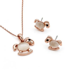Wholesale rocking horse jewelry set in rose gold plated zinc alloy featuring cat eye stone body pendant necklace and matching stud earrings from JuneJewelry.com.