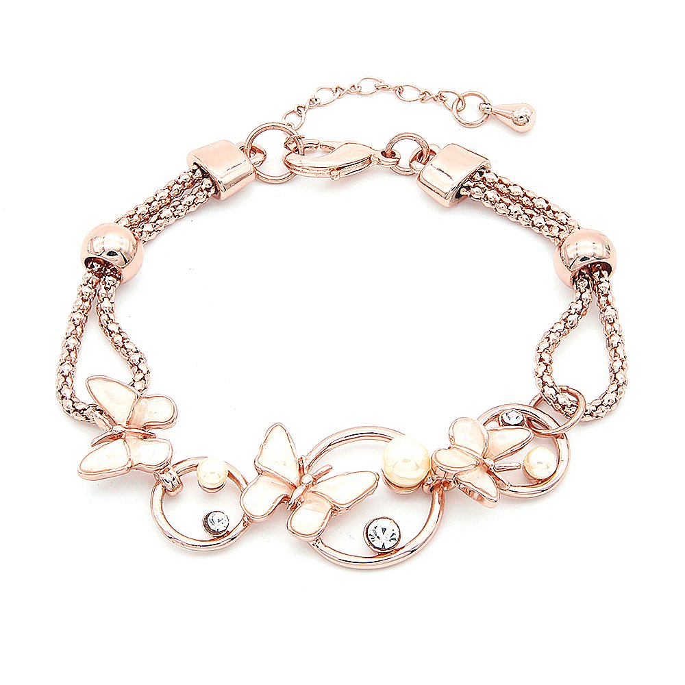K200058H-001.60.A Wholesale butterfly shell bracelet in rose gold plated zinc alloy featuring shell butterfly charms, pearl accents, and clear crystals from JuneJewelry.com.