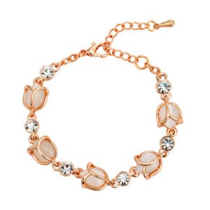 Wholesale tulip cat eye bracelet in rose gold plated zinc alloy featuring tulip caged stones and artificial crystal links from JuneJewelry.com.