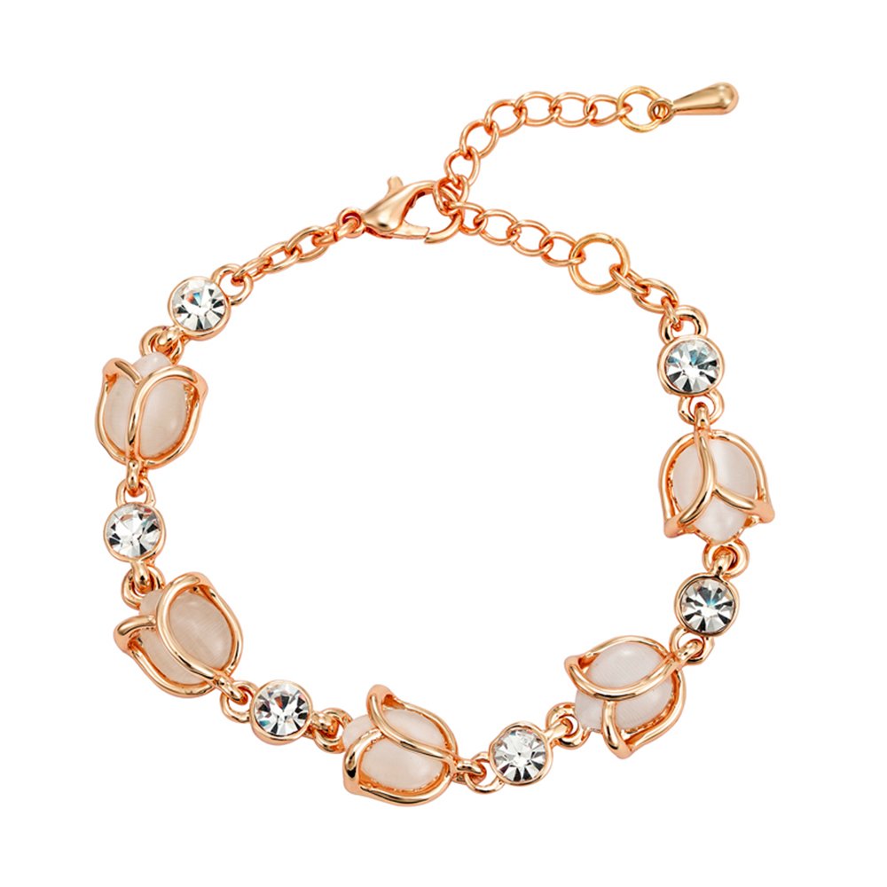 Wholesale tulip cat eye bracelet in rose gold plated zinc alloy featuring tulip caged stones and artificial crystal links from JuneJewelry.com.