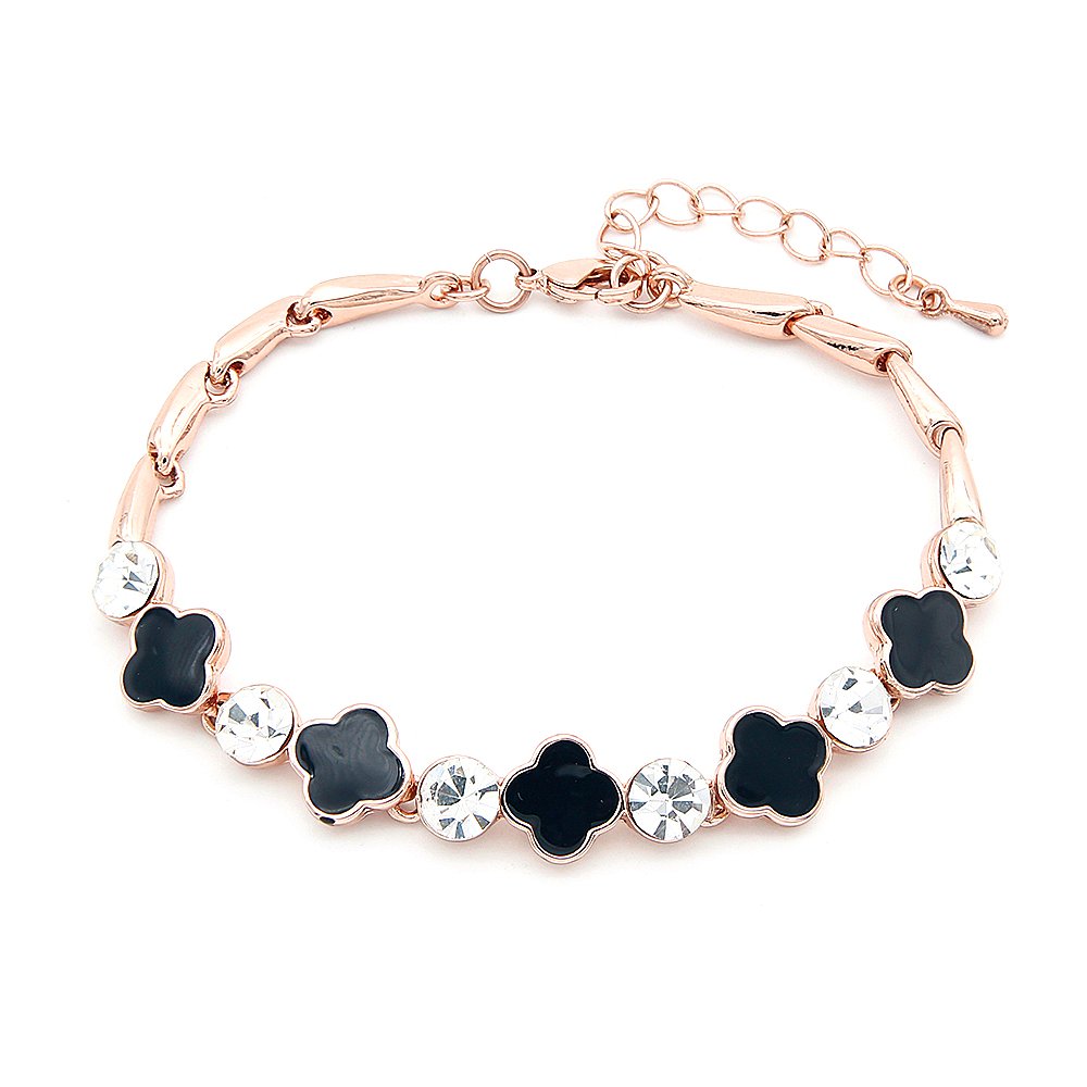 K200060H-001.62.A Wholesale enamel clover bracelet in rose gold plated zinc alloy featuring black enamel clovers and clear synthetic crystals from JuneJewelry.com.