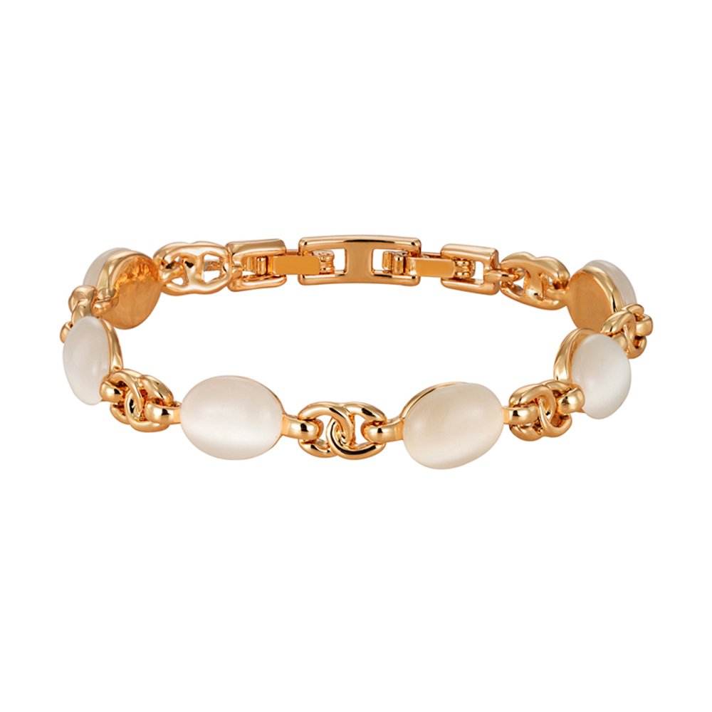 Wholesale interlocking cat eye bracelet in rose gold plated zinc alloy featuring oval cat eye stones and interlocking metal links from JuneJewelry.com.