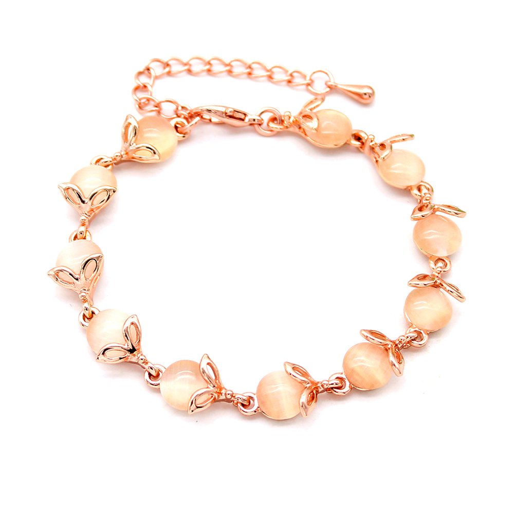 Wholesale leaf cat eye bracelet in rose gold plated zinc alloy featuring round cat eye beads with leaf caps from JuneJewelry.com.