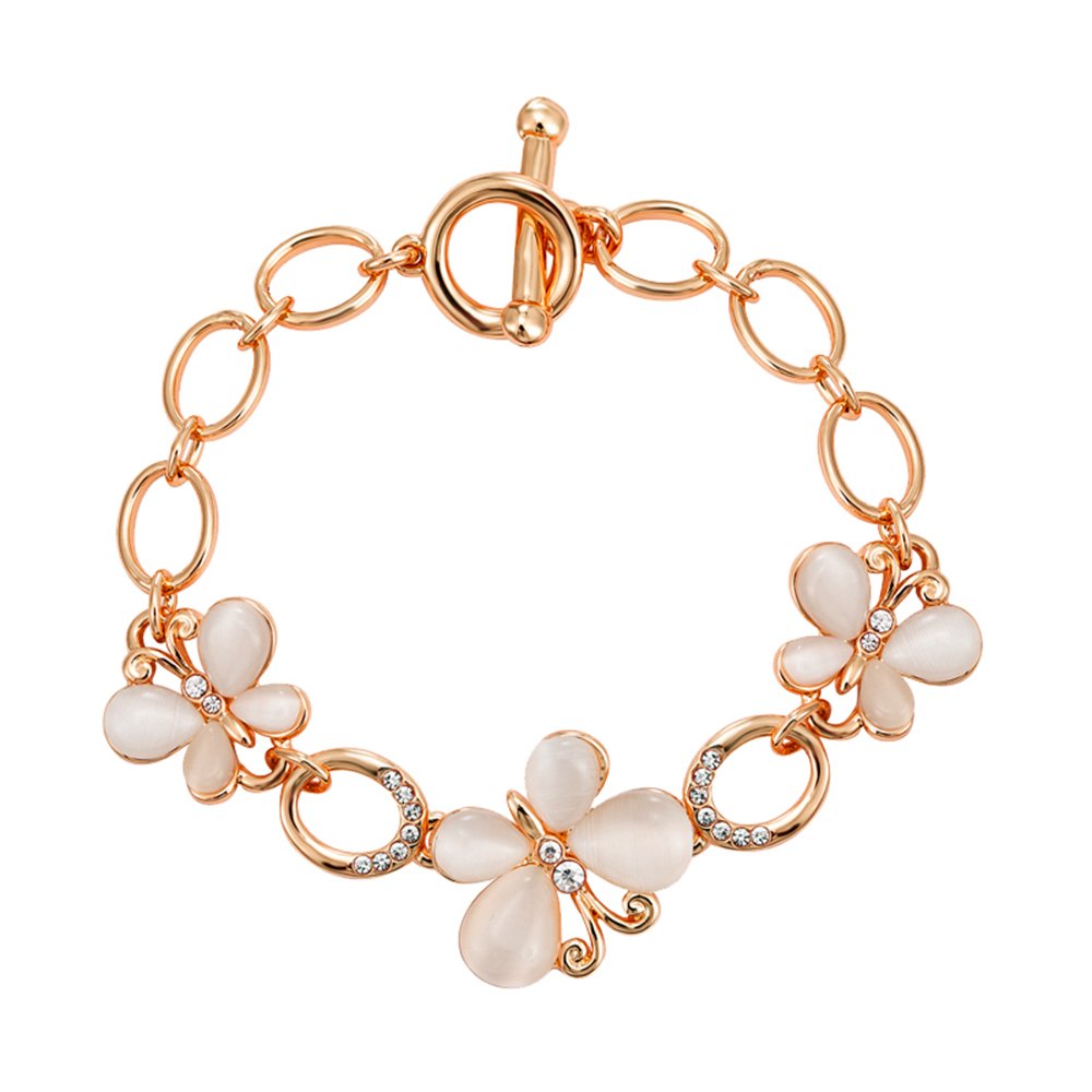 Wholesale butterfly cat eye bracelet in rose gold plated zinc alloy with crystal-accented butterfly charms and toggle clasp from JuneJewelry.com.