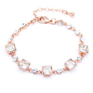 Wholesale square crystal bracelet in rose gold plated zinc alloy featuring princess-cut artificial crystal gems and extension chain from JuneJewelry.com.