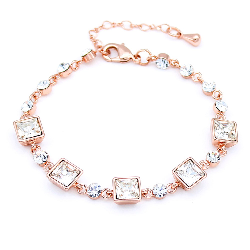 Wholesale square crystal bracelet in rose gold plated zinc alloy featuring princess-cut artificial crystal gems and extension chain from JuneJewelry.com.
