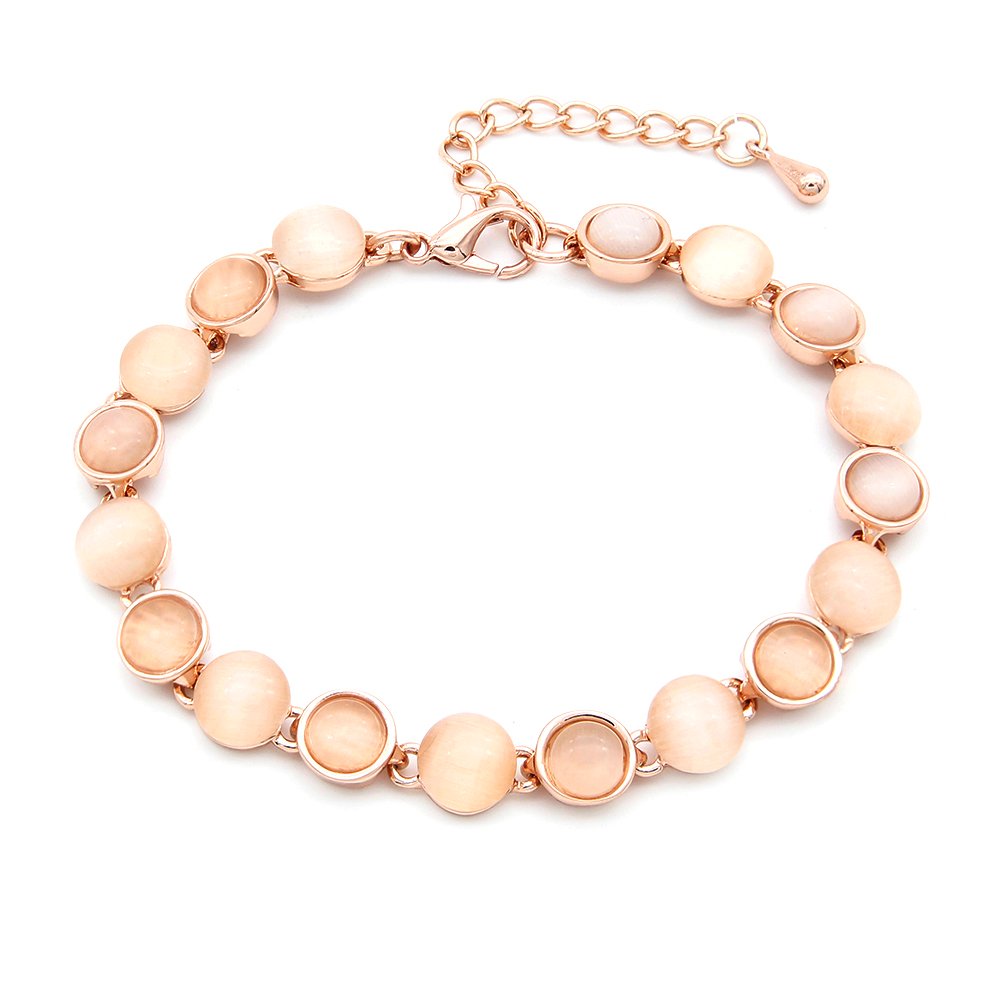 Wholesale beaded cat eye bracelet in rose gold plated zinc alloy featuring alternating round cat eye beads and extension chain from JuneJewelry.com.