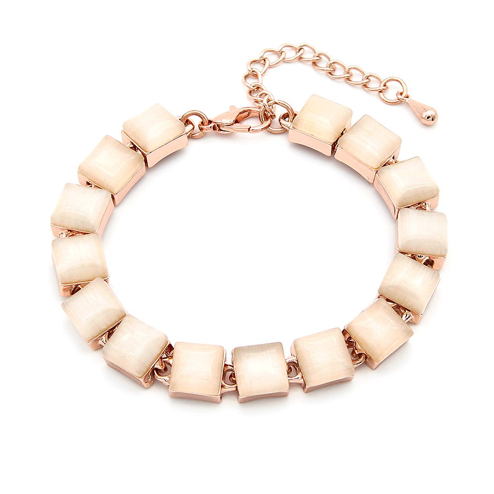 Wholesale square cat eye bracelet in rose gold plated zinc alloy featuring square cabochon cat eye stones and extension chain from JuneJewelry.com.